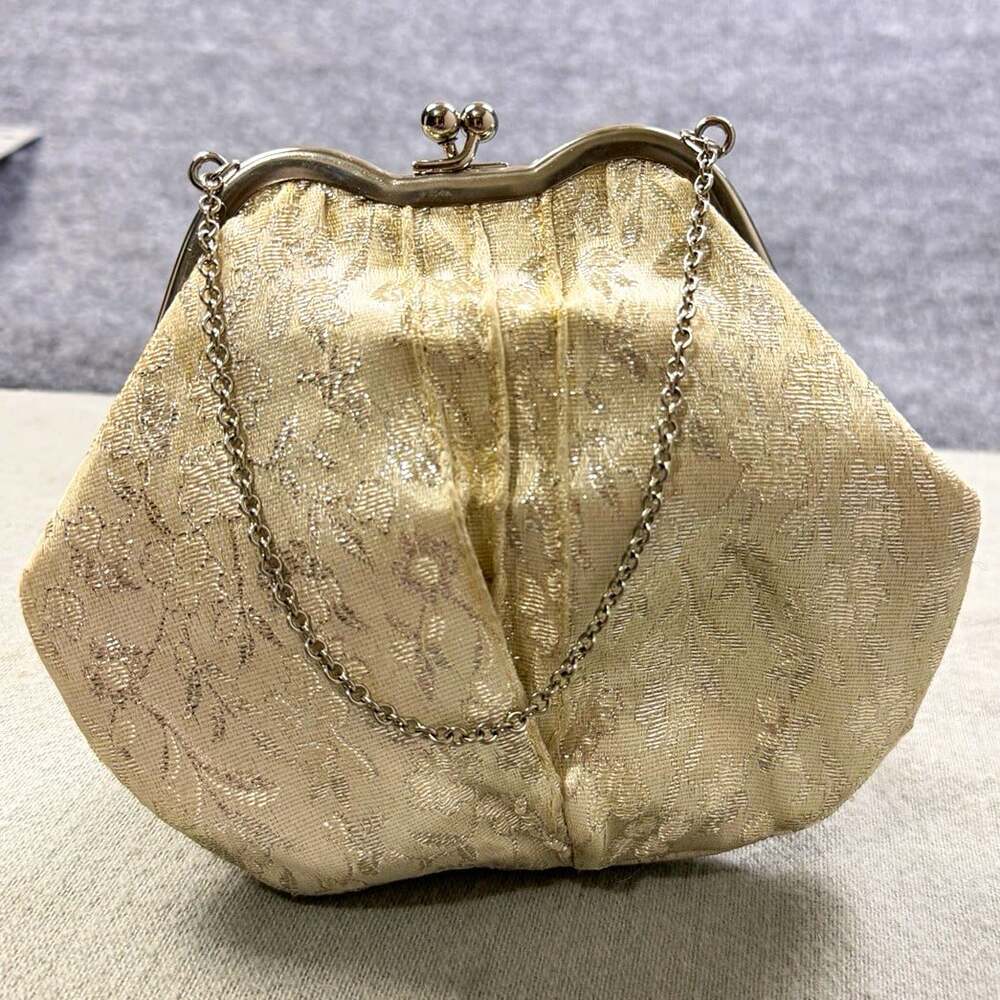 Gold Floral Brocade Kiss Lock Evening Clutch Bag Chain Strap Vintage